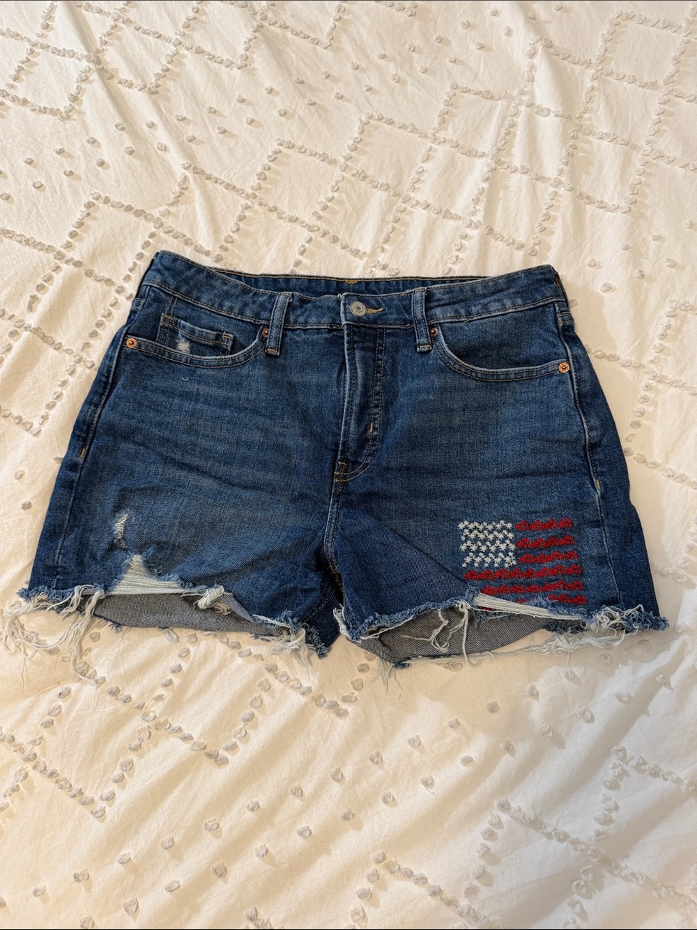 Distressed Dark Wash Denim Shorts with Flag embroidery